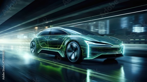 Hybrid car in motion, emphasizing its seamless transition between electric and fuel modes © Tatiana