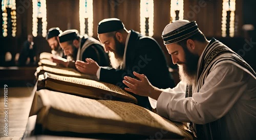 Jews praying in the synagogue.	
 photo