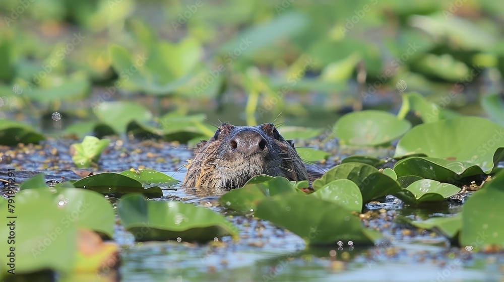   A tight shot of an animal submerged in water, surrounded by lily pads below and water plants in the distance