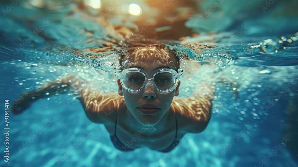 girl swimming underwater brunette realistic racing, copy space, visuals, no text