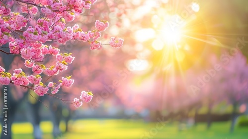 a tree bearing pink flowers in the foreground and the sun filtering through the background trees