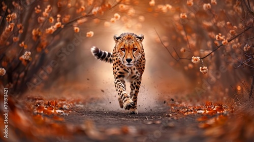  A cheetah pictured at full speed along a forest trail, surrounded by falling leaves and scattered flowers