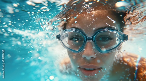 girl swimming underwater brunette realistic racing, copy space, visuals, no text photo