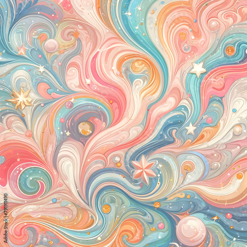 an intricate, pastel-colored abstract illustration that features whimsical swirls, stars, and cosmic elements, giving it a magical, celestial appearance