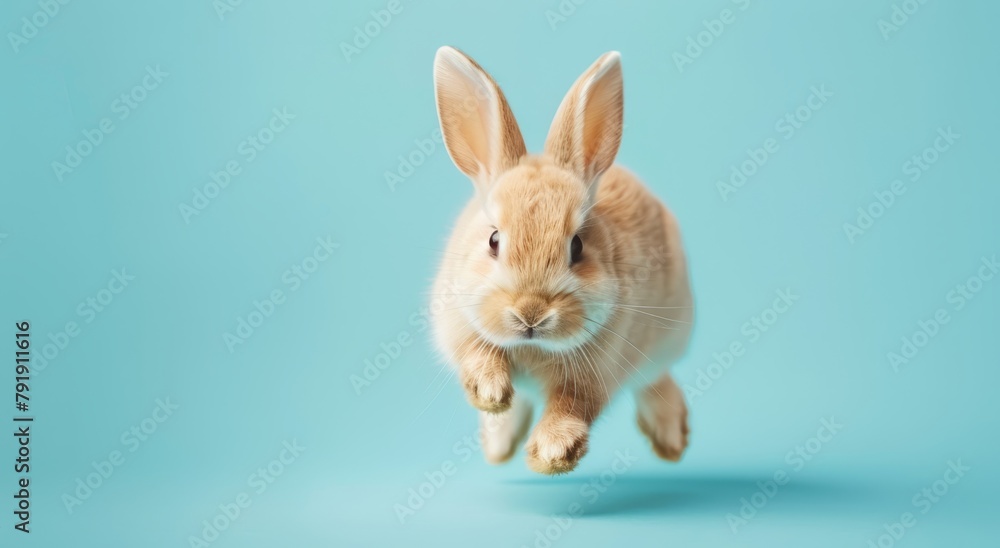 a rabbit runs on a blue background with a blurred a rabbit runs on a blue background with a blurred