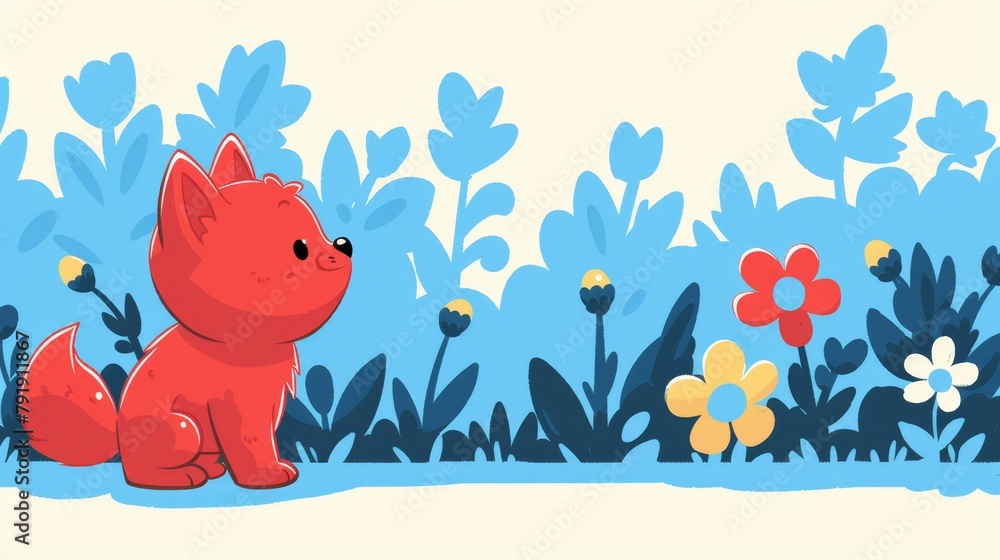   A red cat sits amidst a field of flowers and plants against a blue backdrop