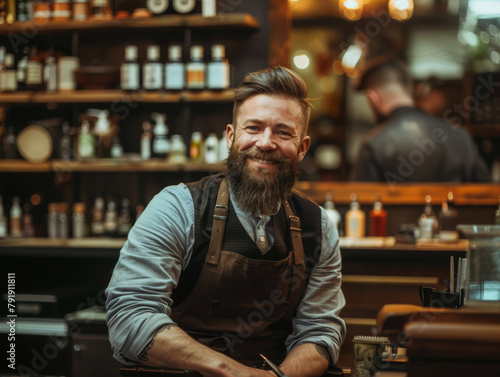 Cheerful bearded barber at a cozy barber shop, radiating a welcoming smile behind the counter.