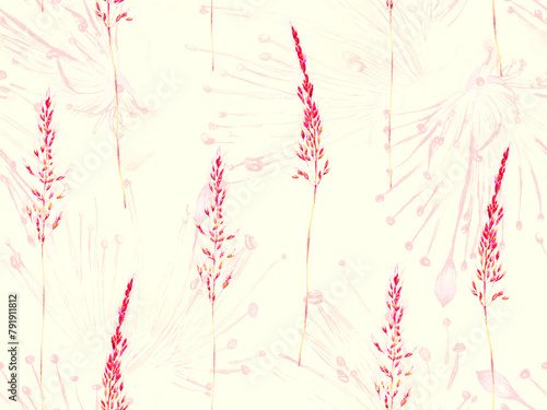 Grass Seamless Watercolor Pattern. Summer Grass Motif. Vintage Garden Wallpapaer.. Plantago and Apera Dried Wild Plants. Crimson Red Botanical Meadow Border. Abstract Floral Illustration.