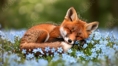  A tight shot of a baby fox in a flower-filled meadow, its head resting on its paws