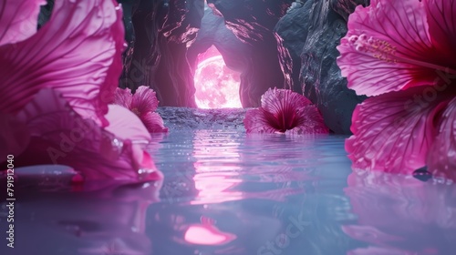  A collection of pink blooms bobbing atop a body of water, adjacent to a cave teeming with similar blossoms