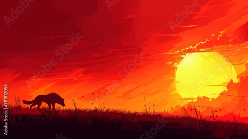   A solitary horse in the foreground of a sunset painting, birds populating the sky background
