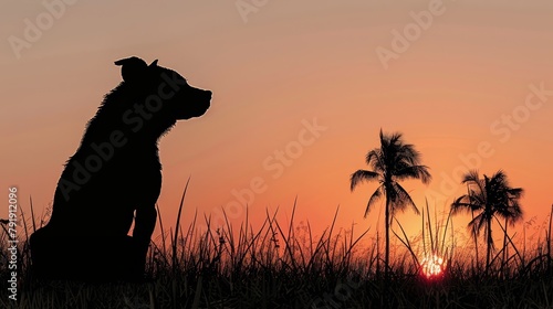   A dog silhouetted in grass, sun sinking behind, palm trees near © Jevjenijs