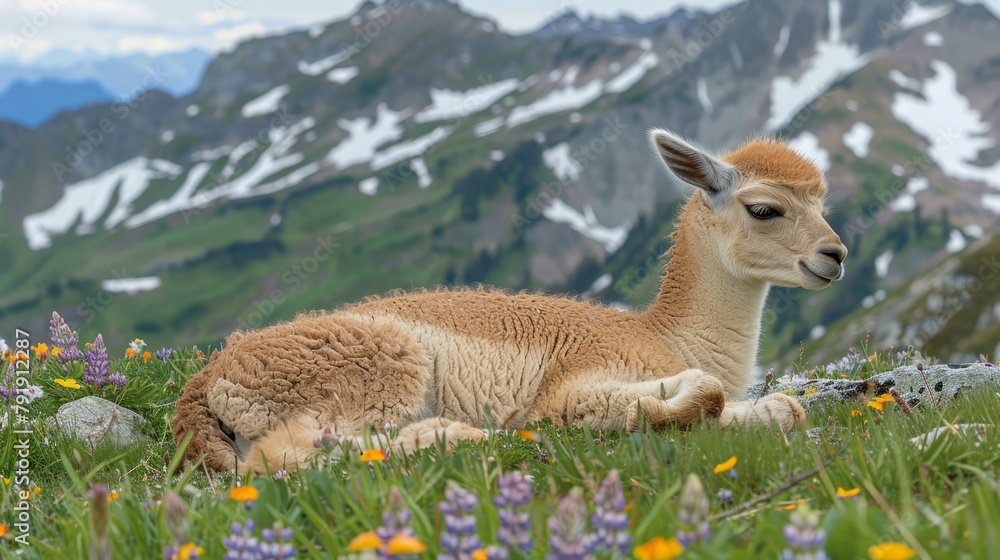 Fototapeta premium A llama reclines in a field of wildflowers, framed by mountain ranges boasting snow-capped peaks