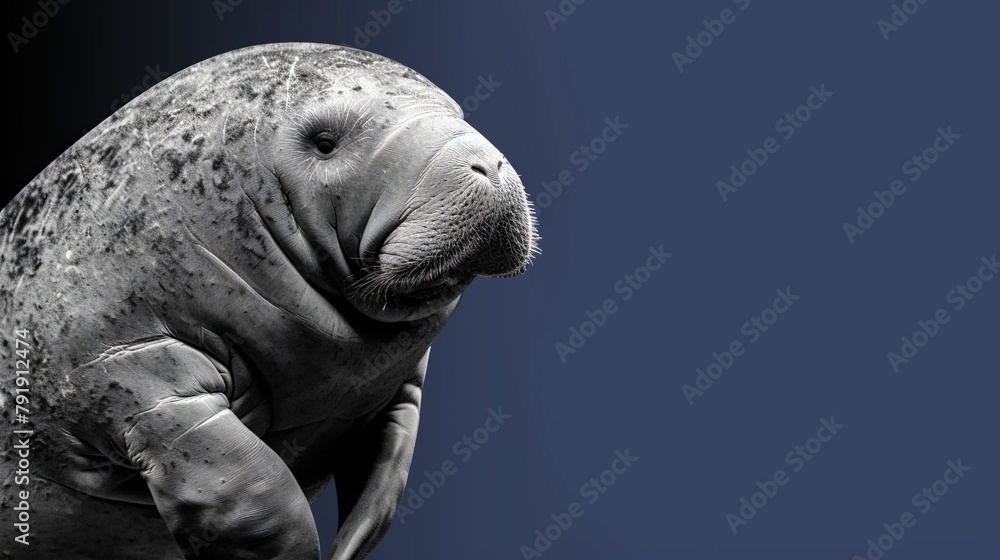 A tight shot of a sea lion against a black-and-white backdrop, framed by a blue sky A tight shot of a sea lion against a black-and-white backdrop, framed by a blue sky