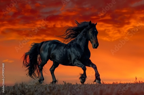  A painting of a galloping horse against a backdrop of a sunset; clouds scatter across the sky