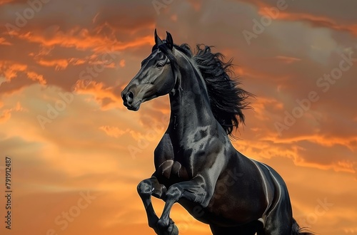   A black horse rears up on its hindlegs before an orange-pink sunset  surrounded by clouds