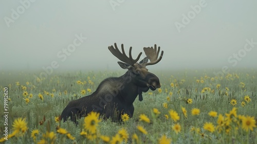  A moose is situated in a field filled with wildflowers, with its mouth agape and tongue extended