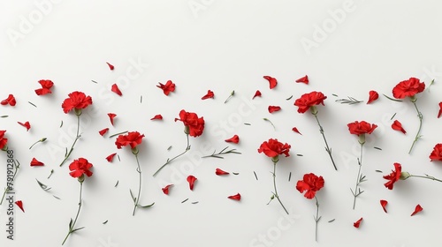   A collection of red flowers stacked atop a white table, arranged next to one another © Jevjenijs