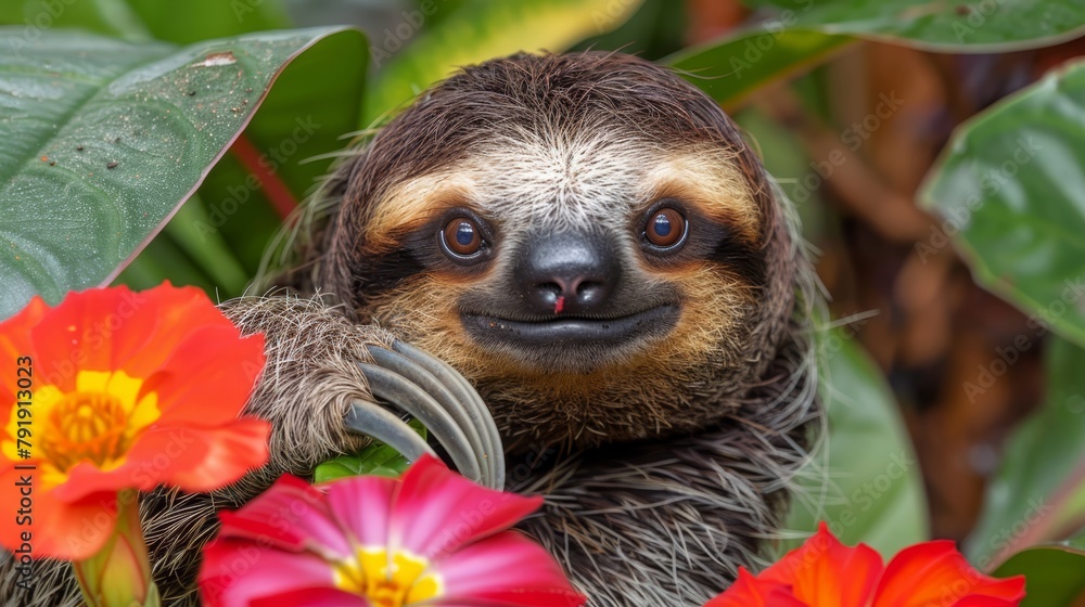 Fototapeta premium A brown-and-white sloth sits atop a lush, green forest leaf, surrounded by red and yellow flowers