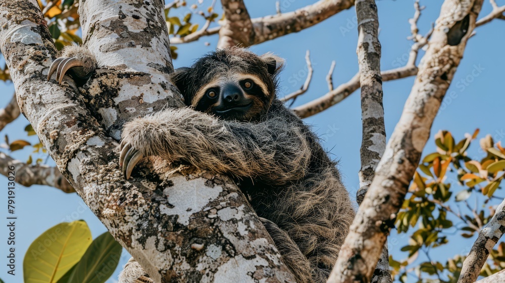 Fototapeta premium A brown and black sloth is wedged in a tree, its head impaled on a branch top