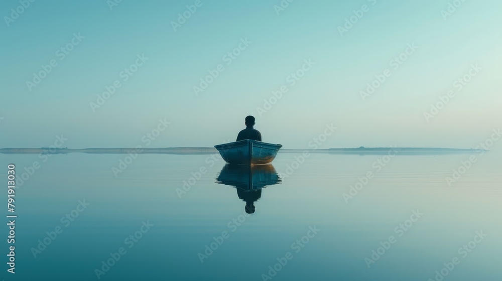   Person in boat, surrounded by water, blue sky above