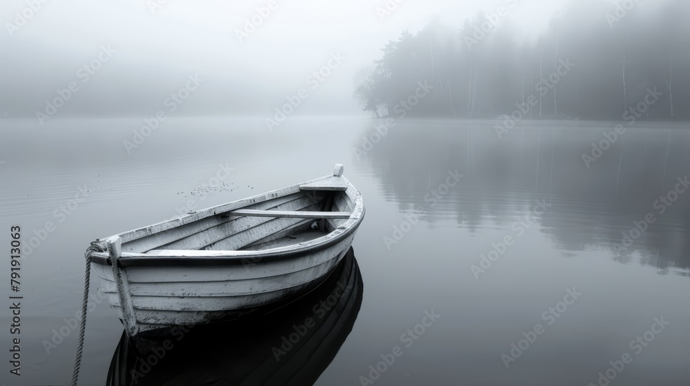A boat rests atop a tranquil lake amidst a foggy backdrop, trees faintly visible behind A boat rests atop a tranquil lake amidst a foggy backdrop, trees faintly visible behind