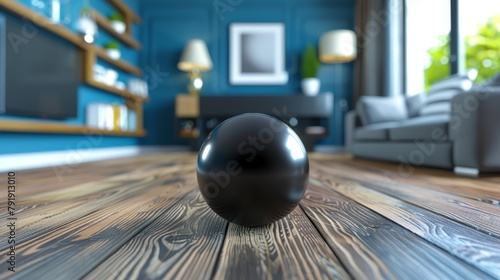   A black ball rests atop a wooden floor, situated before a living room boasting blue walls and furnishings photo