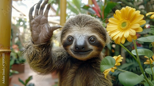  A baby sloth dangles inverted from a pole surrounded by a swath of yellow flowers and lush greenery