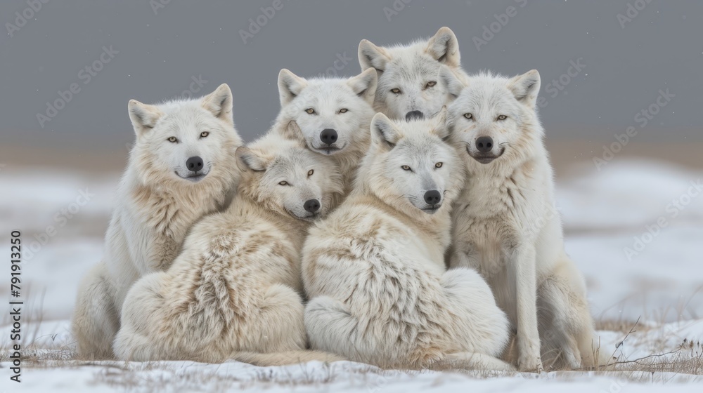   A cluster of white wolves positioned together atop a snow-laden field, gazing out before a drab gray sky