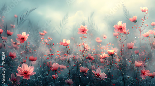 Soft Morning Hues: Oil Painting of Floral Landscape with Watercolor Simulation