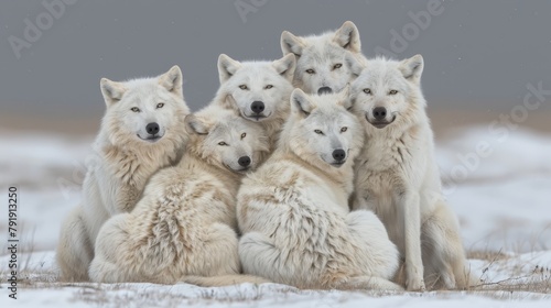   A cluster of white wolves positioned together atop a snow-laden field, gazing out before a drab gray sky photo