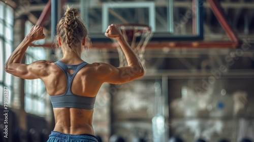  A woman, with her back to the camera, holds a basketball in each hand at a gym