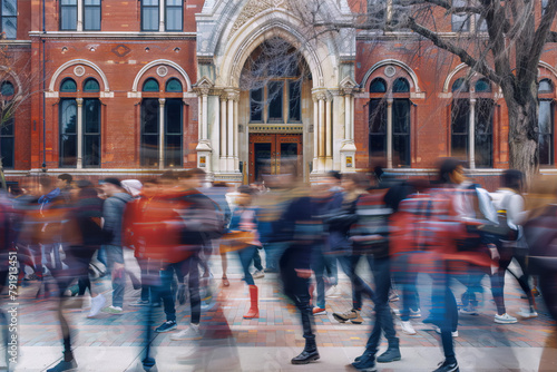 Motion blur of university students walking on campus in autumn conveys a sense of busy urban life and the energy of youth.