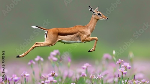   A gazelle leaps above a purple wildflower field against a blurred backdrop photo