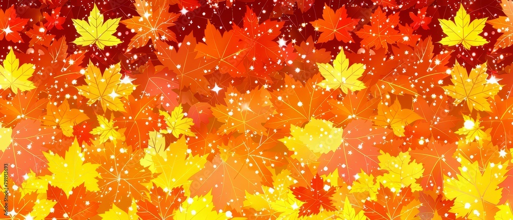   Many leaves against a red and yellow backdrop with stars scattered in the image's center