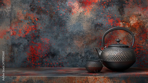   A teapot and two cups rest on a table, facing a wall bearing red and black paint splatters photo