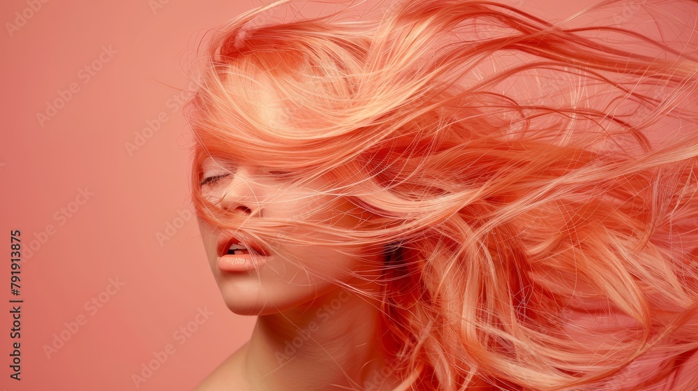  eyes shut, hair flying in wind on pink backdrop