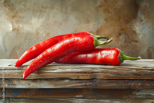 Fresh red long chili on wood table in vintage still life style