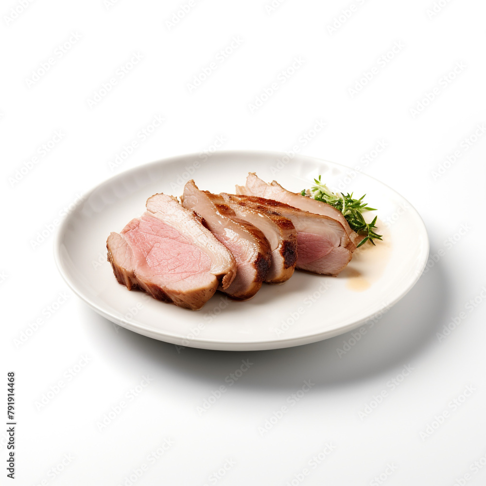 white plate with delicious cooked pork meat сreated with Generative Ai white plate with delicious cooked pork meat сreated with Generative Ai