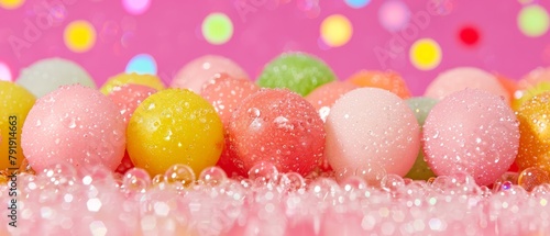   A collection of vibrant candies aligned on a pink confetted surface photo