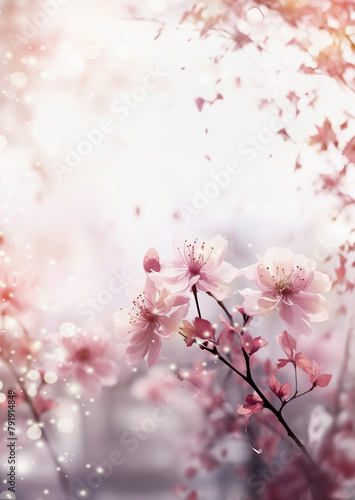 Beautiful floral background in light pink tones of cherry blossom, backlit and sunshine bokeh. Outdoor © VICUSCHKA