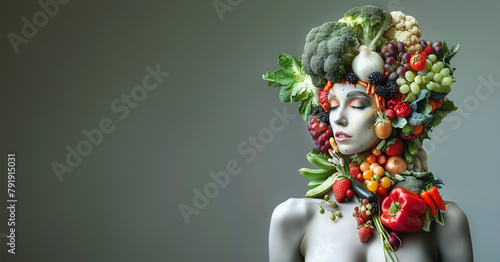 Young women with headdress with various fruits and vegetables at gray background