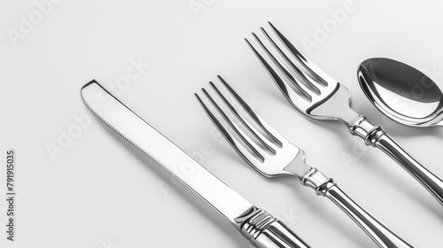   A fork, knife, spoon, and spoon rest sit on a white tabletop Their reflections are visible in the surface