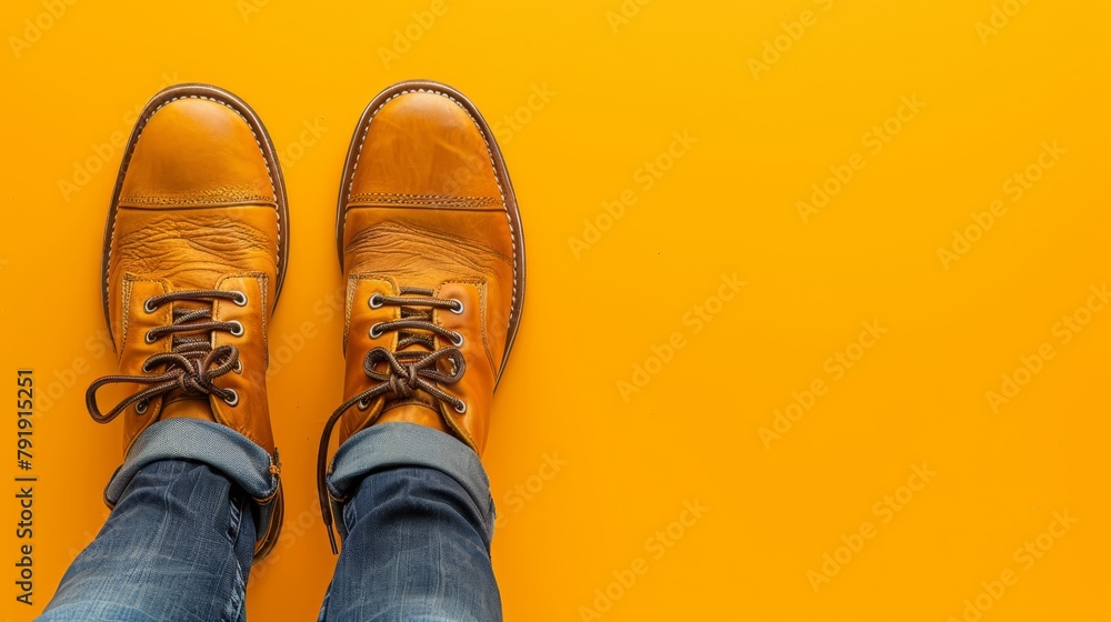   Two sets of blue jeans and brown shoes against a yellow backdrop