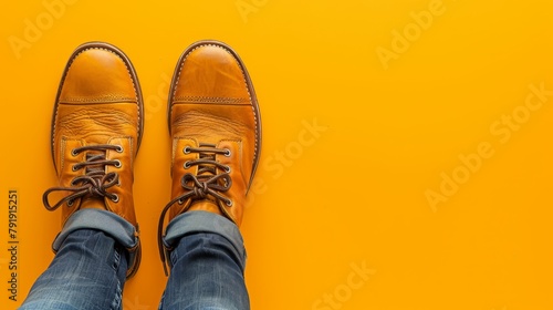  Two sets of blue jeans and brown shoes against a yellow backdrop