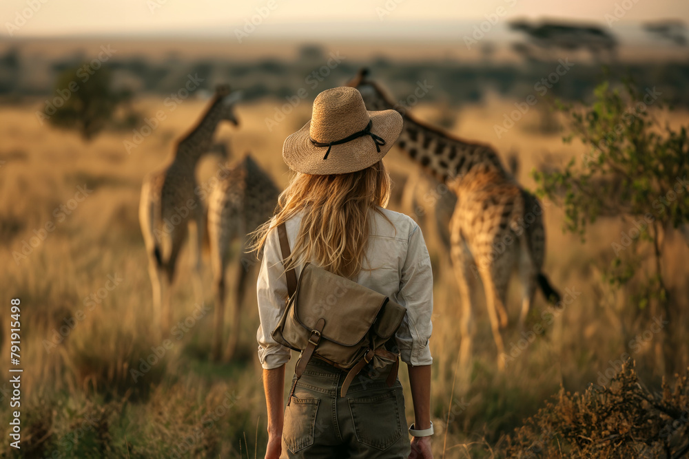 A woman in a safari watches giraffes in the wild at dusk.