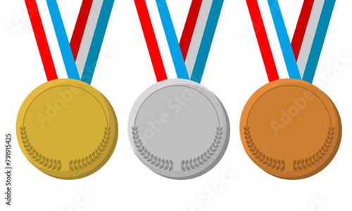 Cartoon Sports Medal, Gold Silver and Bronze winner award vector on a transparent background photo