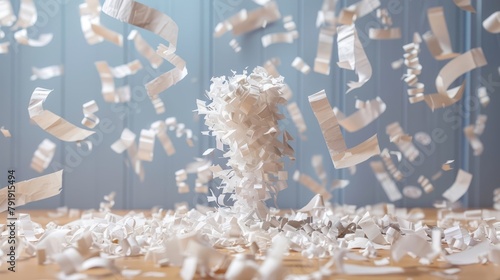   Papers scattering in the air above a wooden table Blue wall behind