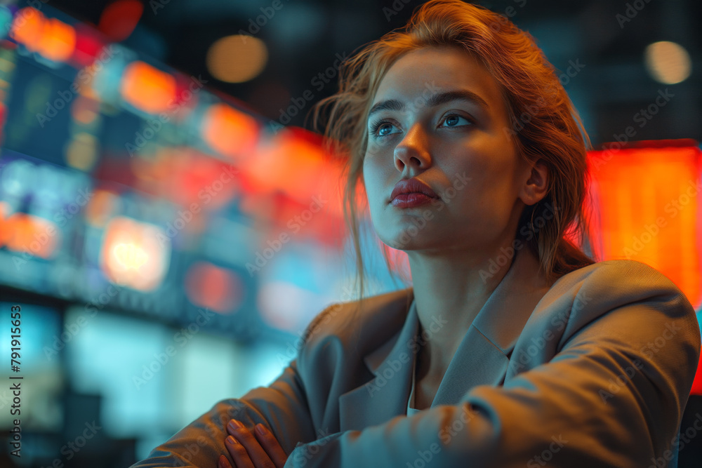A worried female stock market broker stands against a backdrop of glowing red screens displaying downward-trending financial data, reflecting the bear market conditions in the stock exchange. A worried female stock market broker stands against a backdrop of glowing red screens displaying downward-trending financial data, reflecting the bear market conditions in the stock exchange.