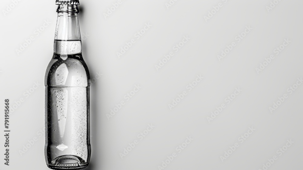 A tight shot of a beer bottle, adorned with water droplets at its summit and base A tight shot of a beer bottle, adorned with water droplets at its summit and base